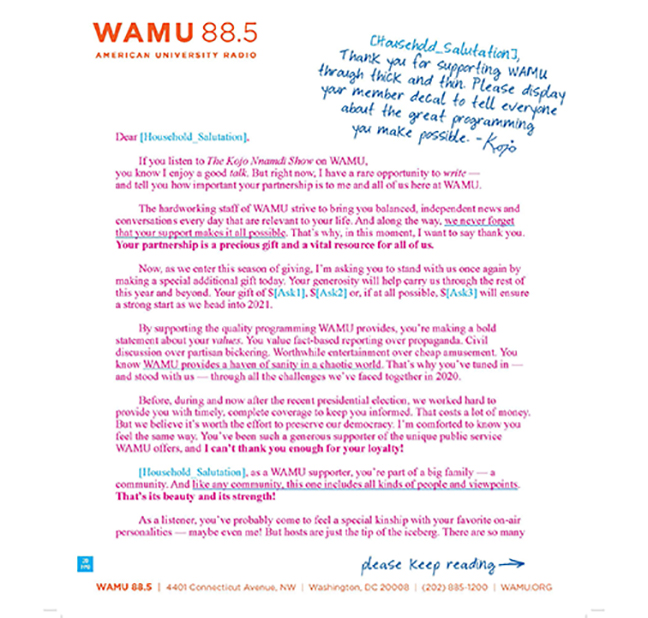 Fundraising appeal letter for WAMU, NPR station for Washington D.C. metropoitan area