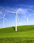 Photo of wind turbines on a grassy hillside
